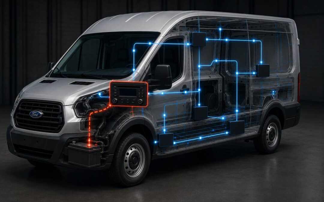Ford Transit van electrical network graphic showing BCM programming, radio wake-up circuit behavior, and battery drain diagnostic paths